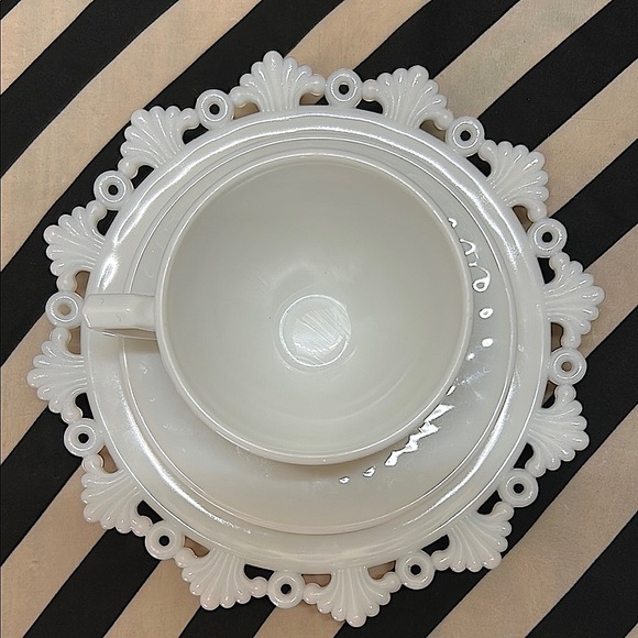Milk Glass Cup, Saucer & Lace-Edged Bread Plate Trio – Romantic Textured Design - Picture 12 of 17